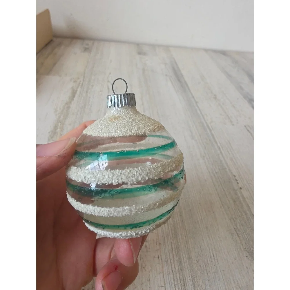 Vintage shiny Brite unsilvered striped Mica green ornament glass Xmas tree